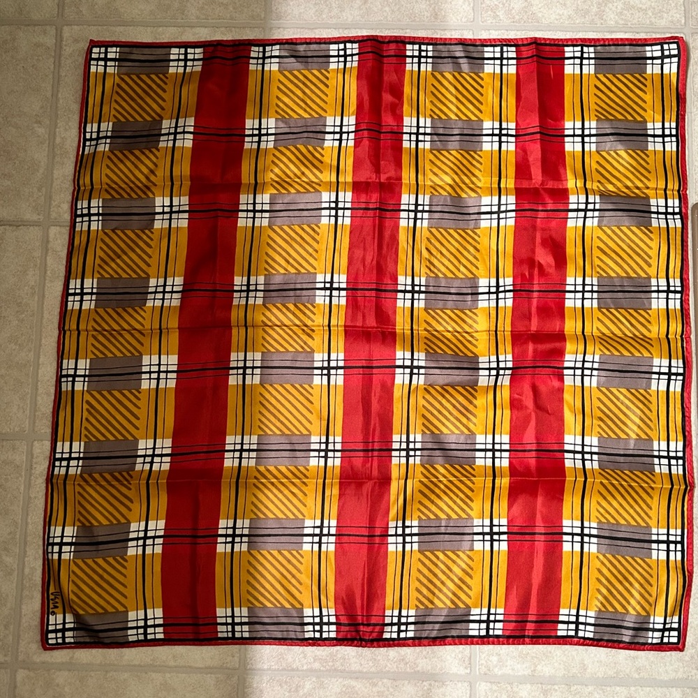 UENA VTG Red, Gold and Black Plaid  square scarf. Classic style